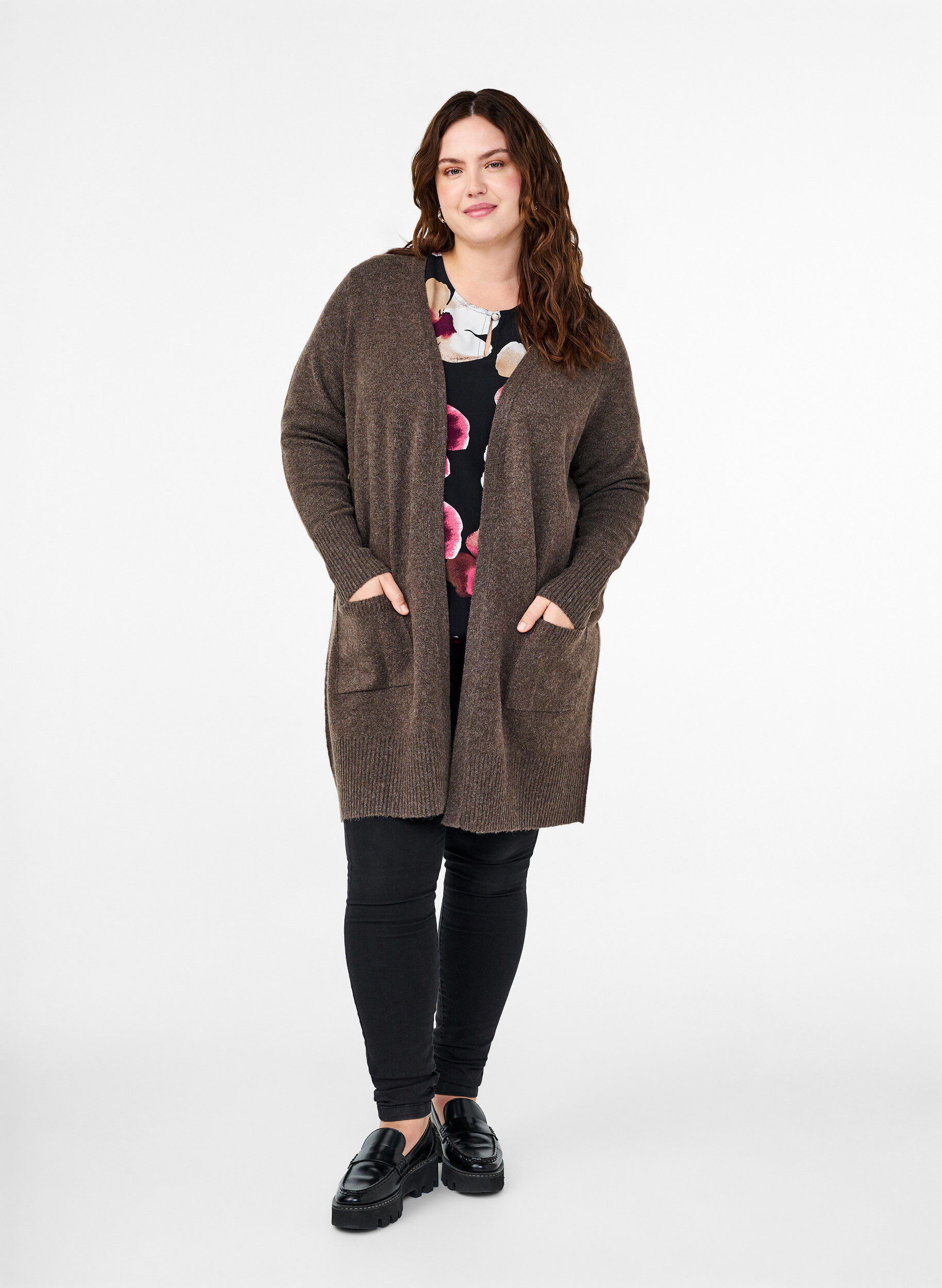 Zizzi Cardigan en tricot c&ocirc;tel&eacute; avec poches, Marron, Model image number 1