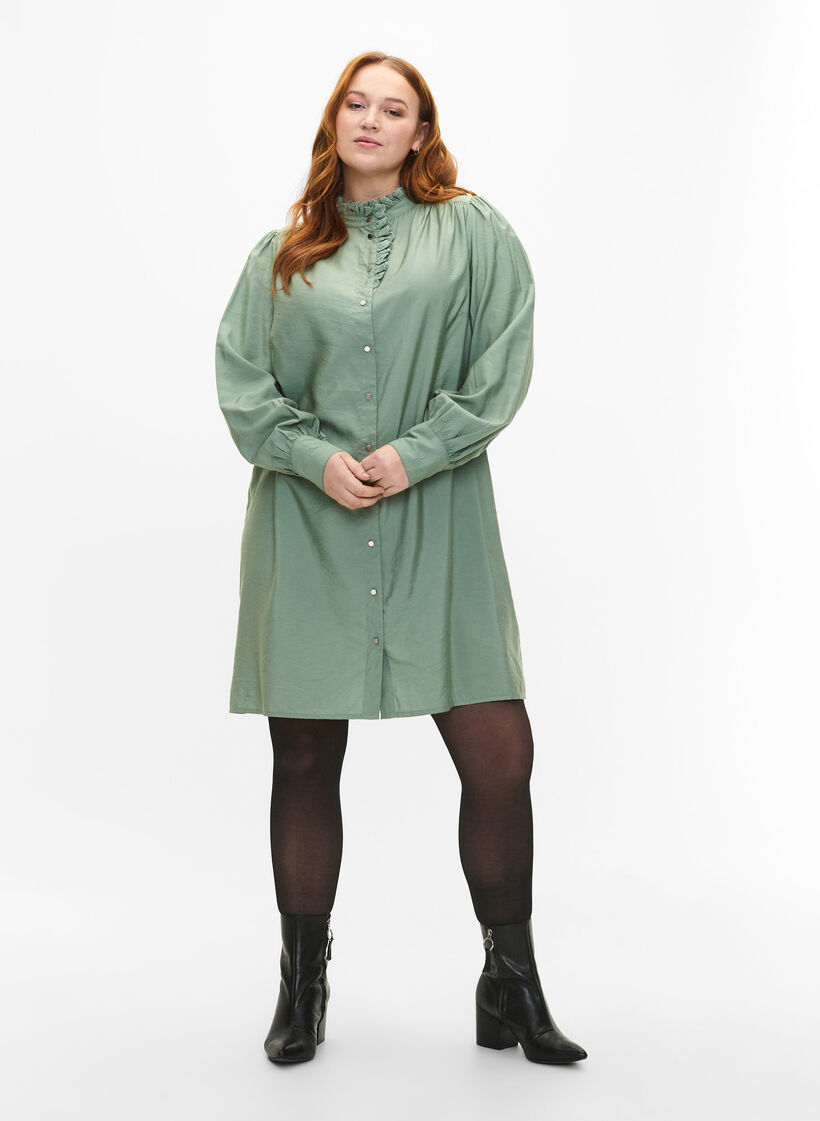 Robe chemise en viscose avec volants, Vert clair, Model image number 1