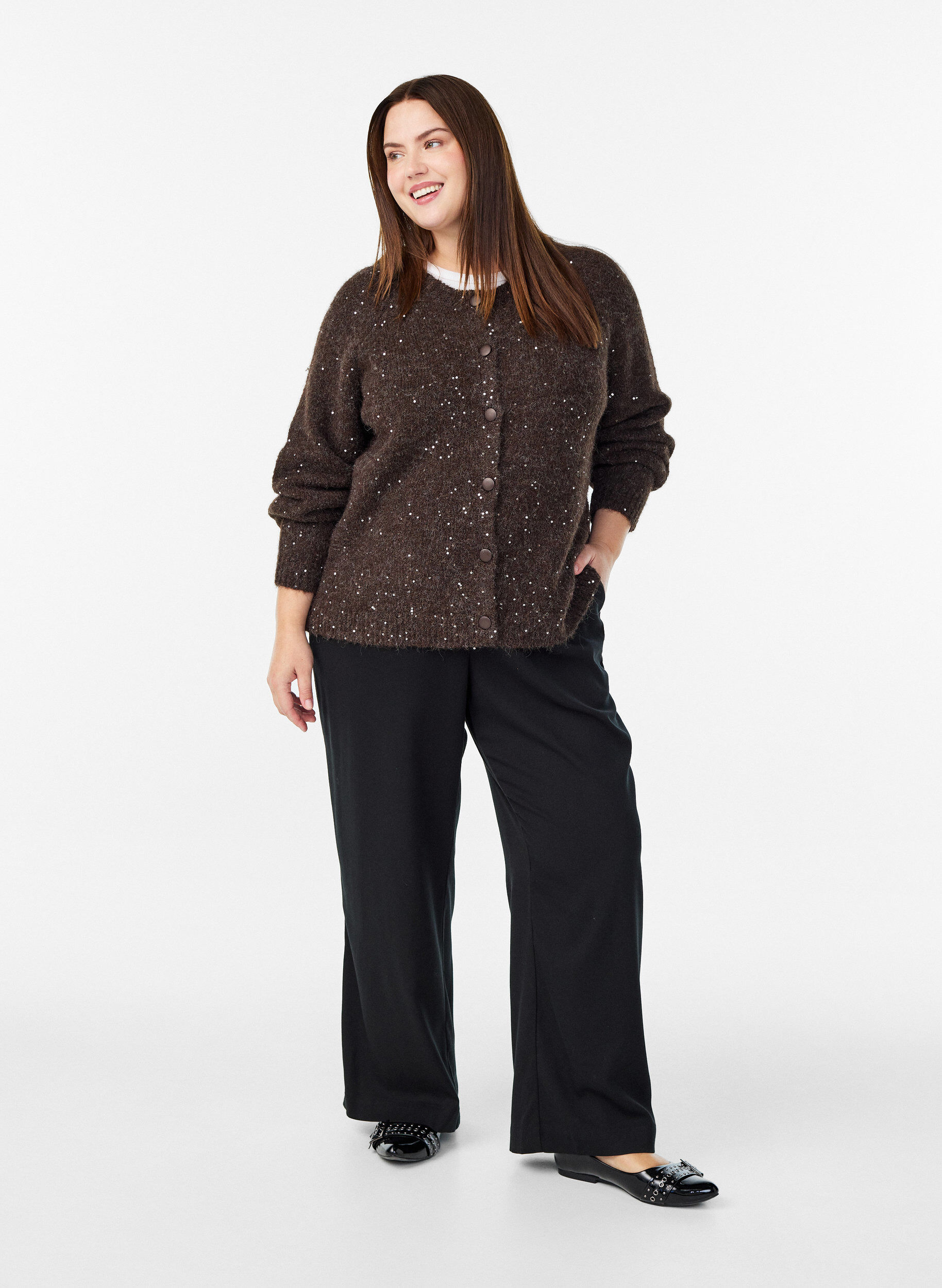 Zizzi Cardigan en maille avec sequins, Marron, Model image number 1