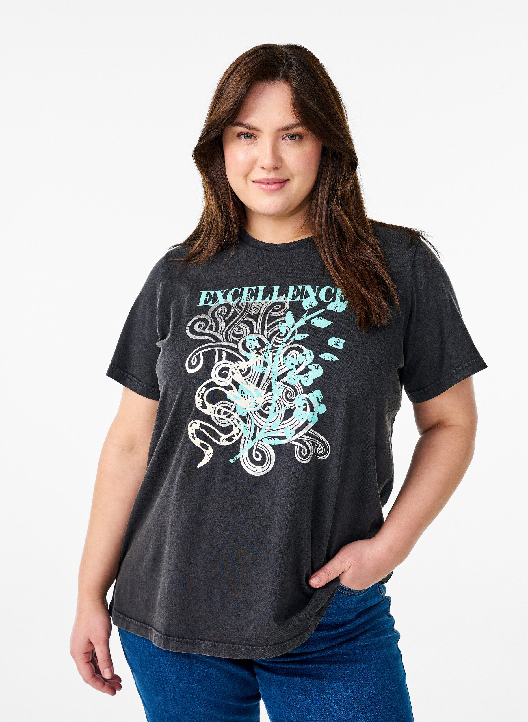 Zizzi T-shirt en coton biologique avec une impression cool, Gris anthracite, Model image number 0