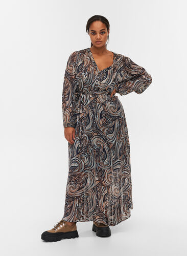 Robe longue à imprimé cachemire et un lien à nouer, Black Paisley, Model image number 0