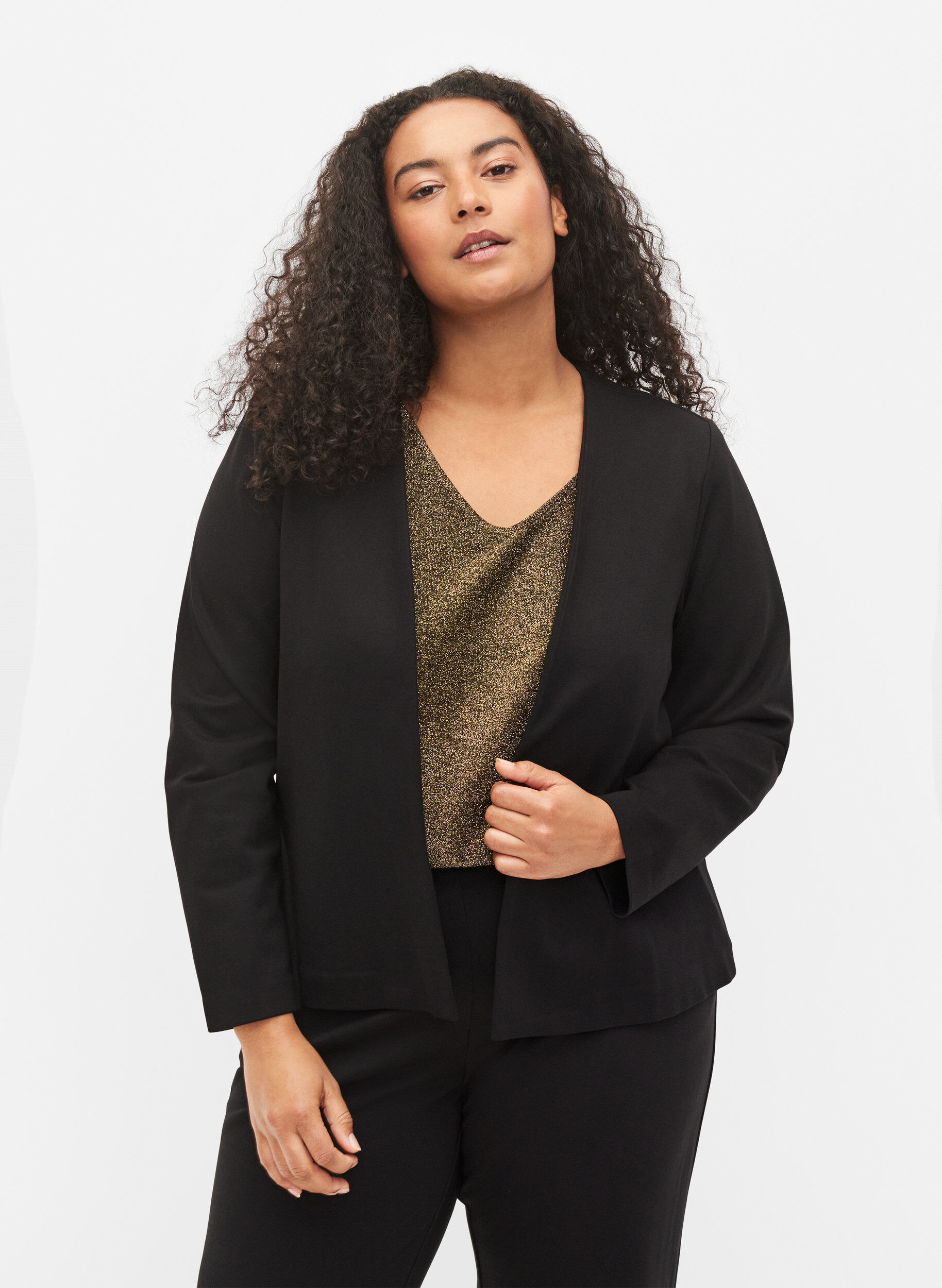Zizzi Blazer court ouvert de couleur unie, Black, Model image number 0