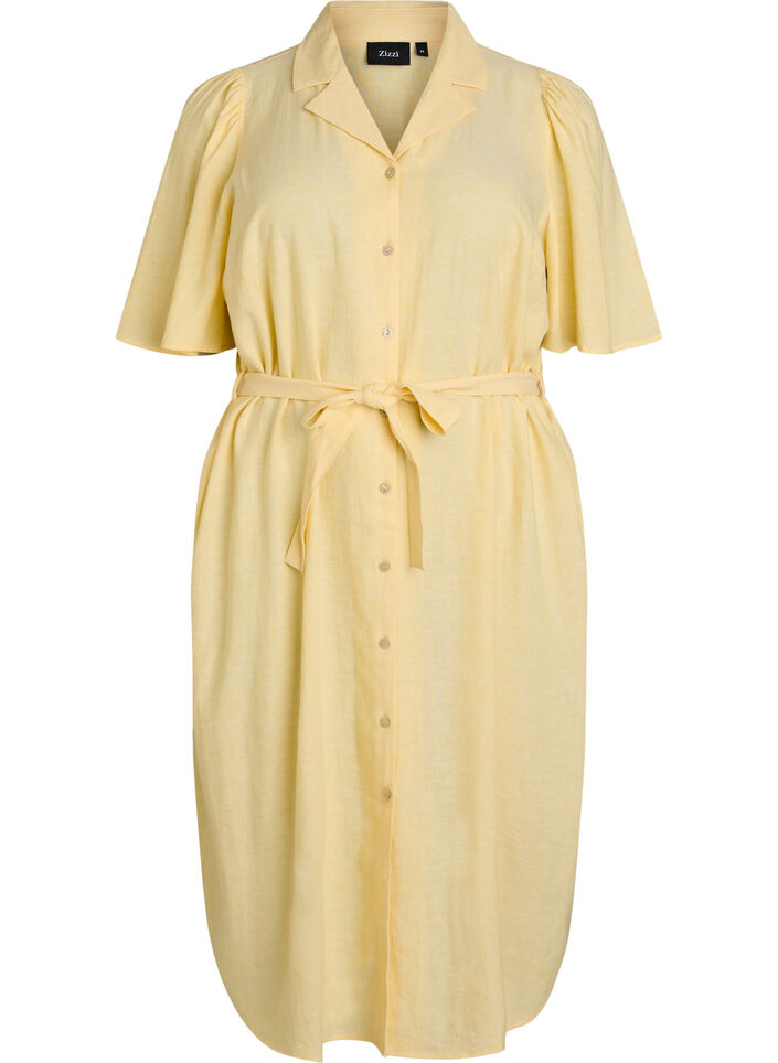 Robe chemise en lin et viscose avec une ceinture &agrave; nouer, Jaune clair, Packshot image number 0