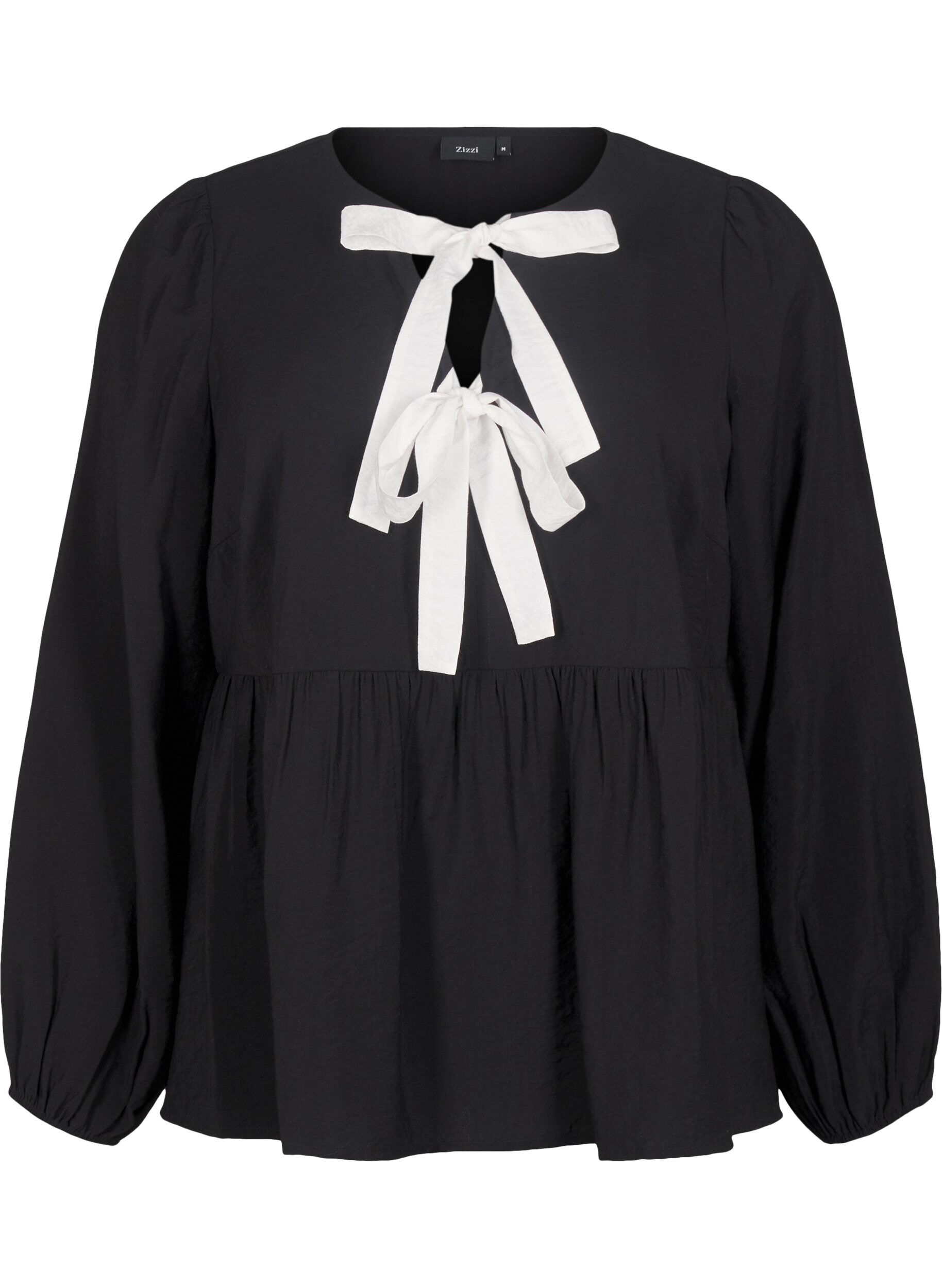 Zizzi Chemisier en viscose &agrave; n&oelig;uds et manches longues, Black White Bow, Packshot image number 0