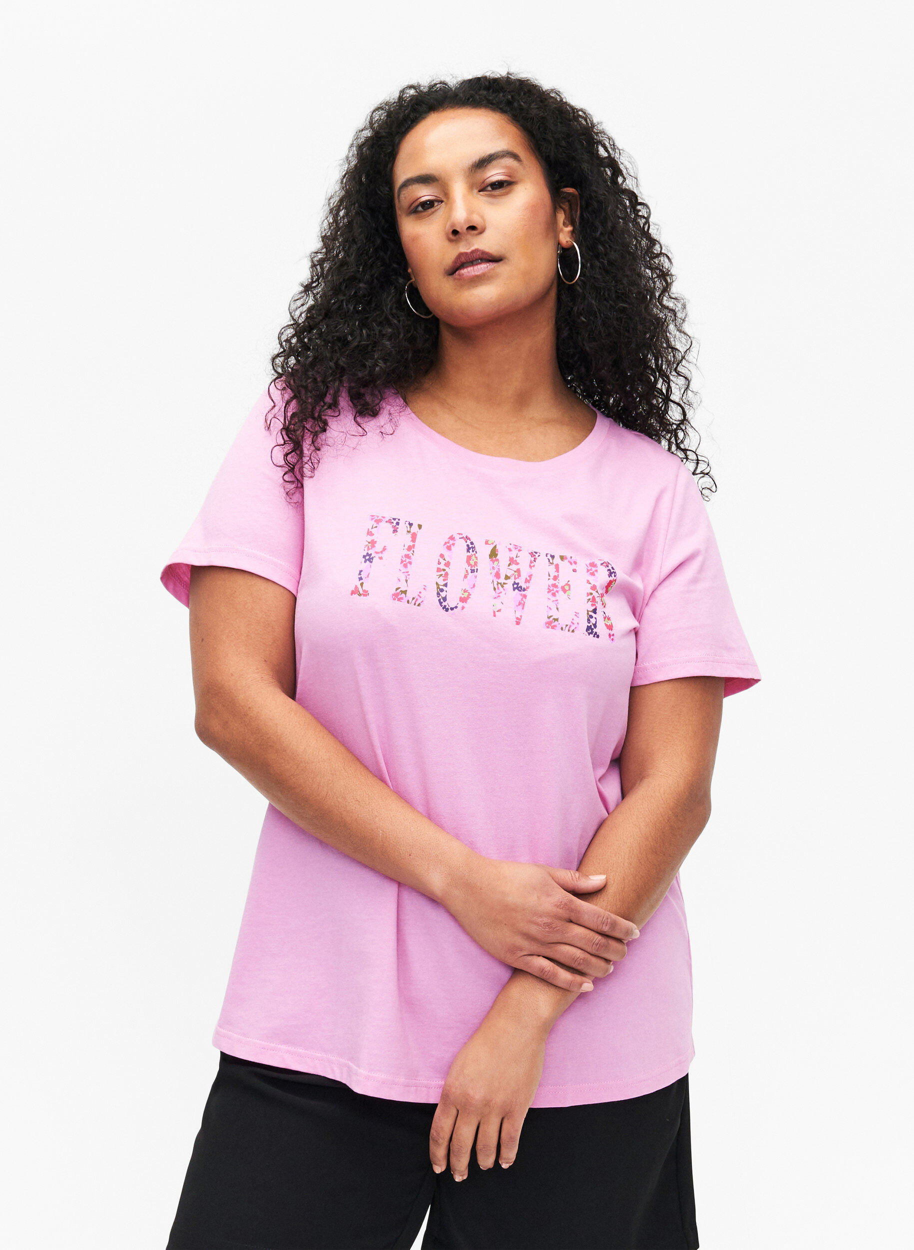 Zizzi T-shirt en coton avec imprim&eacute; texte, Rosebloom w. Flower, Model image number 0