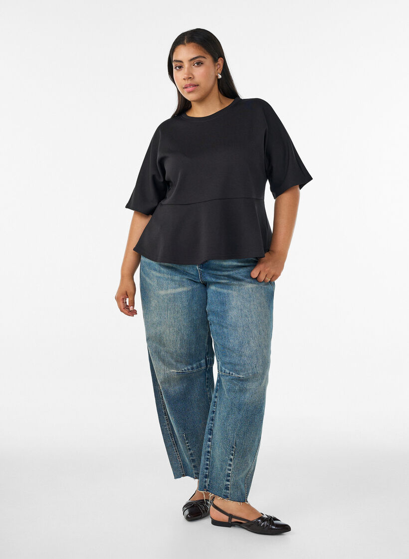 Blouse peplum avec manches longueur coude, Noir, Model image number 1