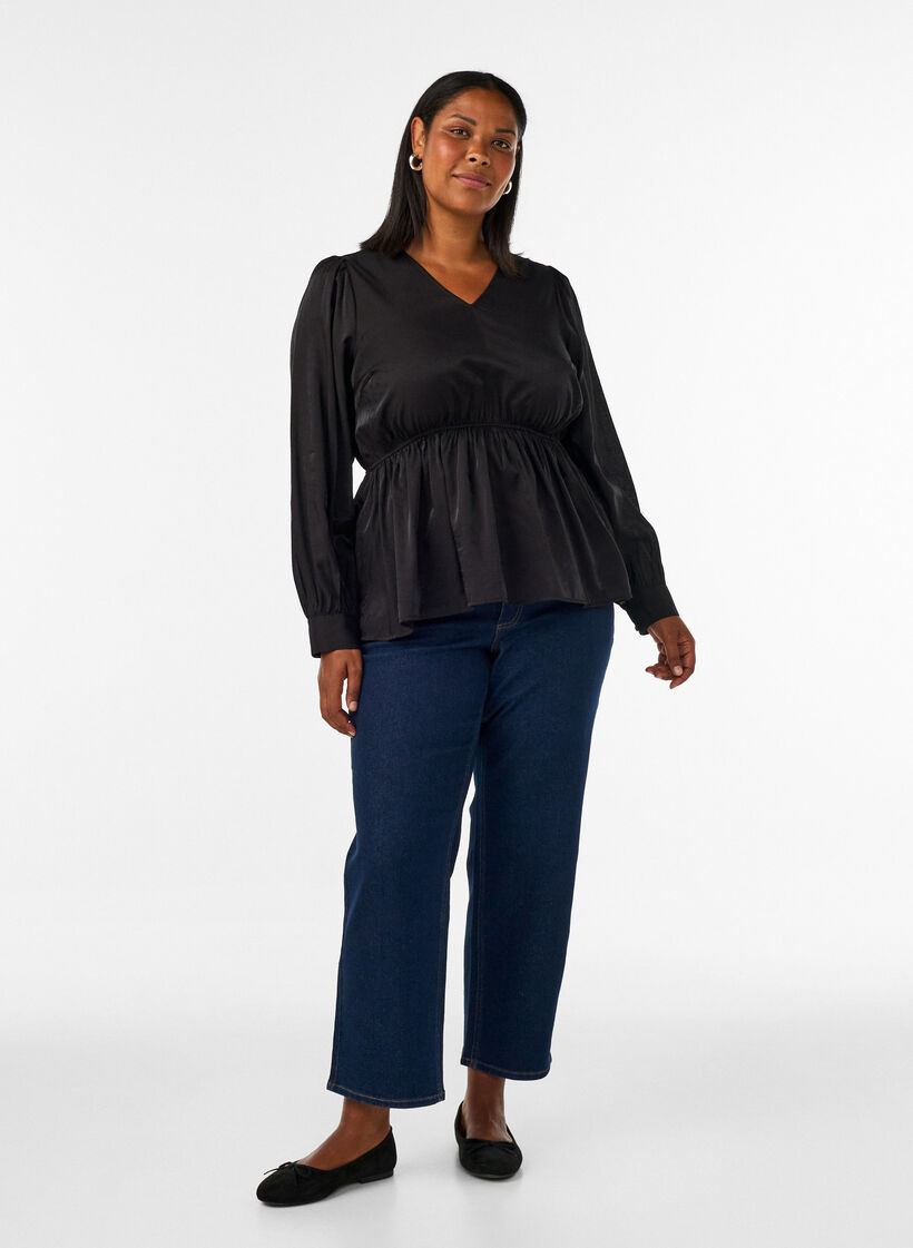 Blouse brillante en viscose &agrave; effet p&eacute;plum, Noir, Model image number 1