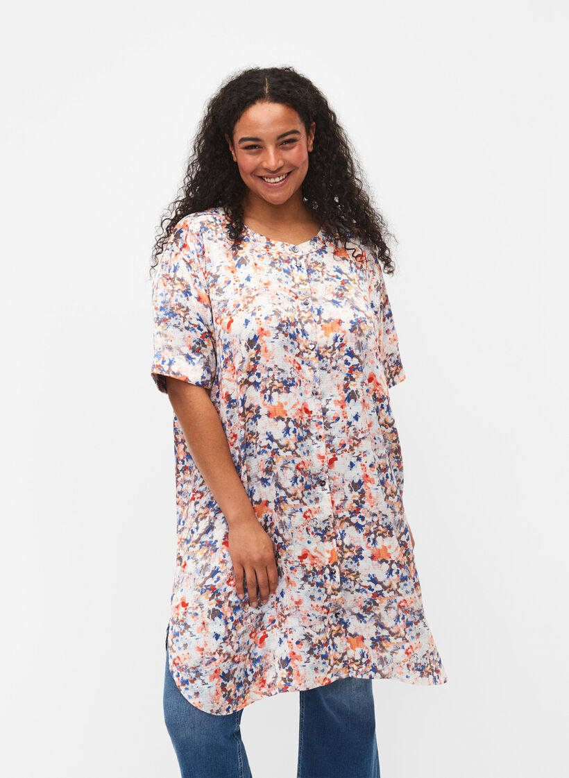 Robe chemise imprimée avec fermeture à boutons, B.White graphic AOP, Model image number 0