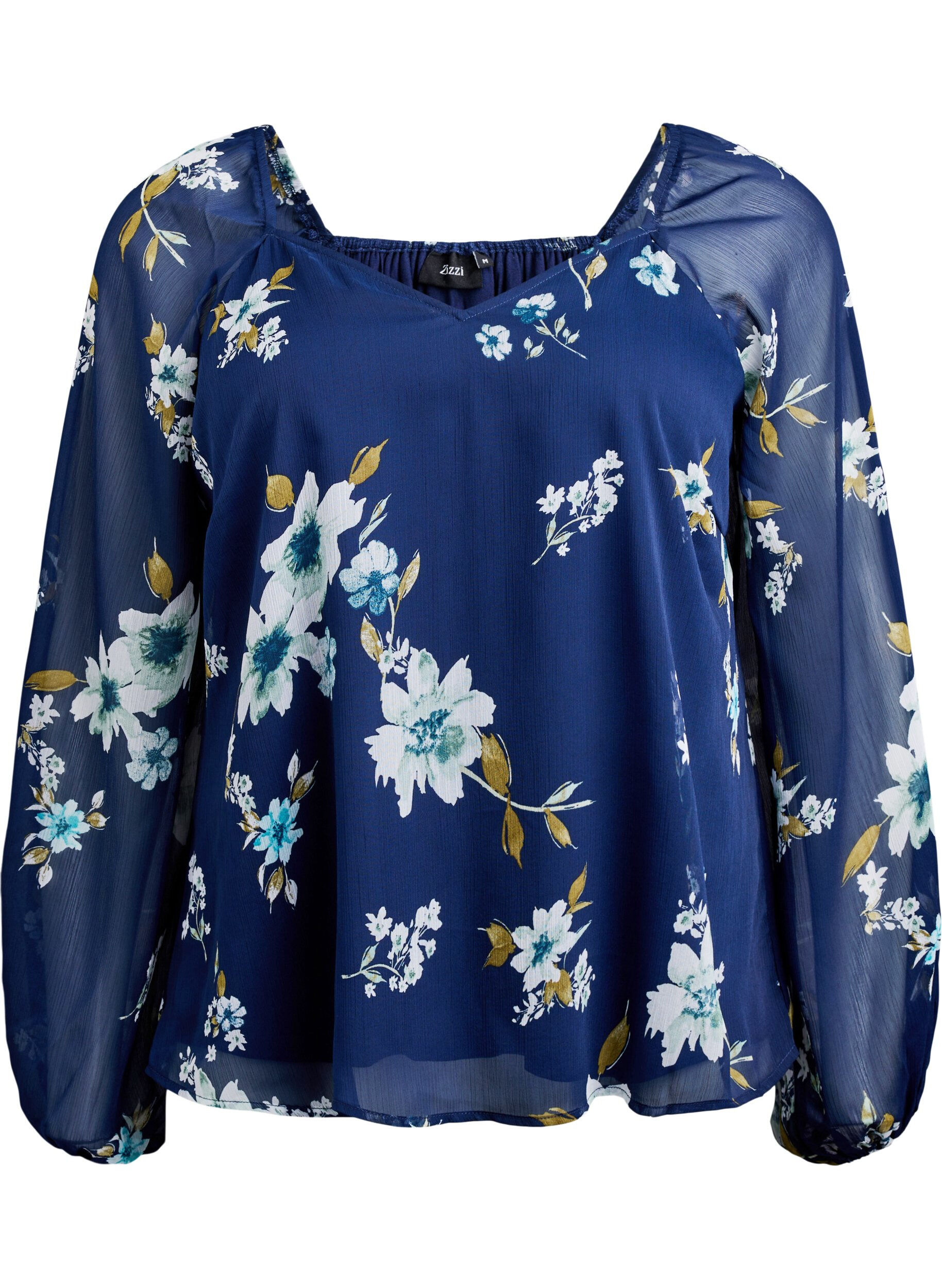 ZizziChemisier en mousseline avec imprim&eacute; floral et manches longues, Bleu, Packshot image number 0
