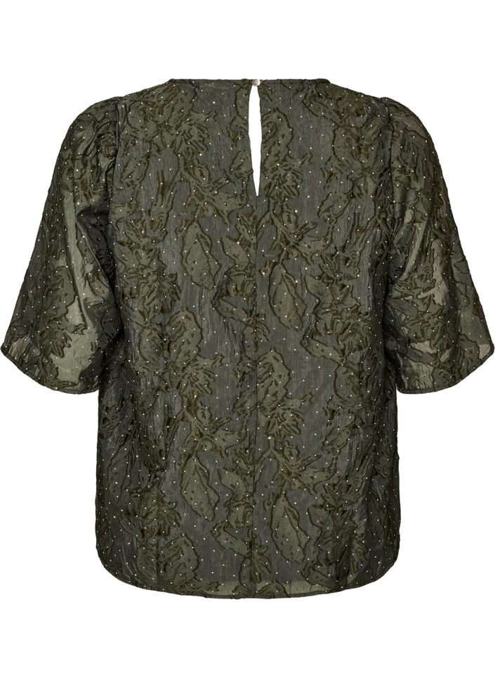 Blouse jacquard avec d&eacute;tails scintillants et manches bouffantes, Vert fonc&eacute;, Packshot image number 1
