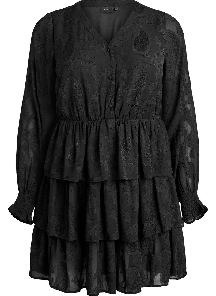 Robe courte à volants et motif texturé, Noir, Packshot image number 0