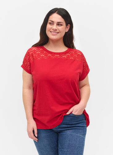 T-shirt en coton à manches courtes avec dentelle, Tango Red, Model image number 0