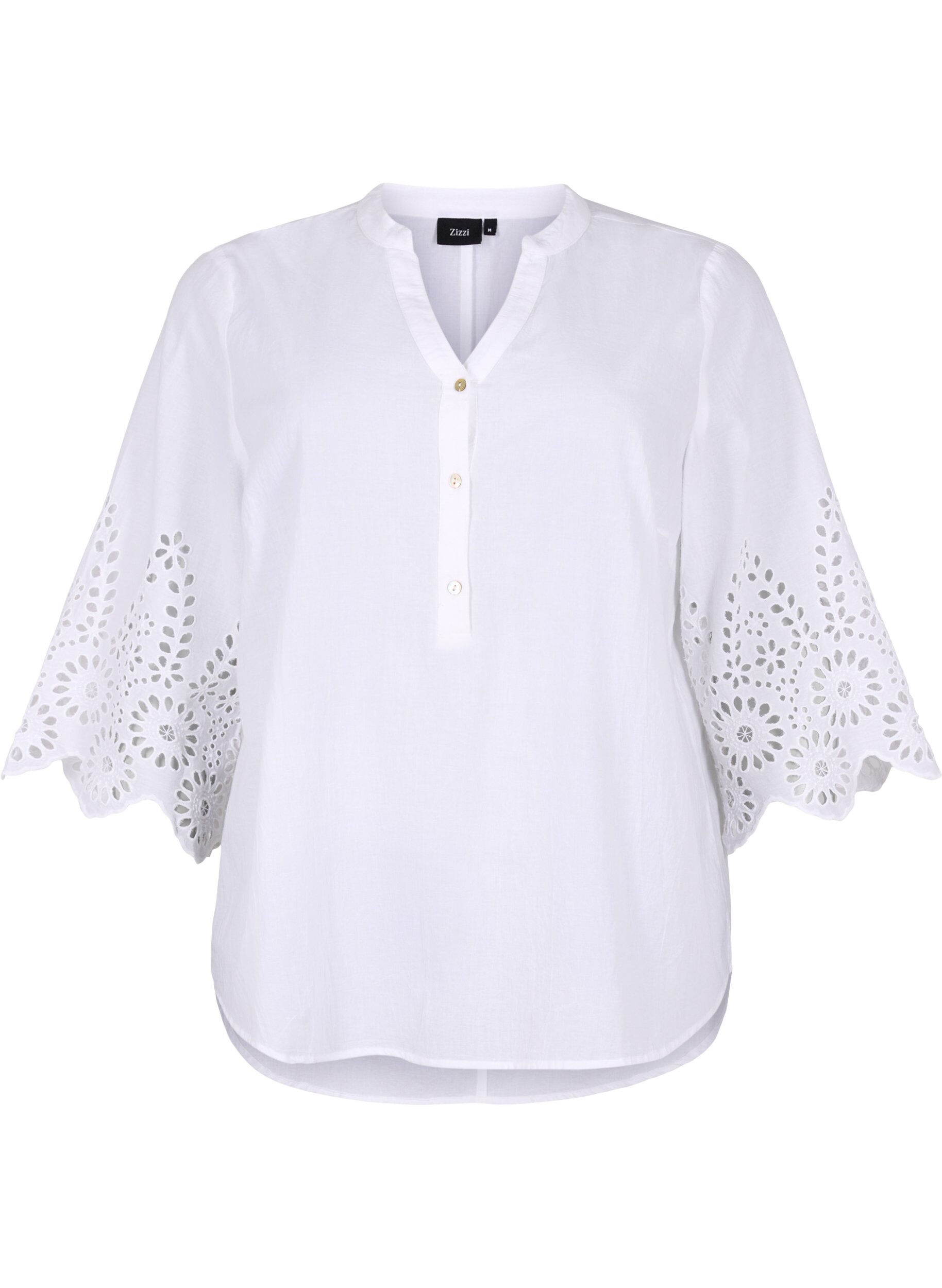Zizzi Chemisier &agrave; broderie anglaise et manches 3/4, Bright White, Packshot image number 0