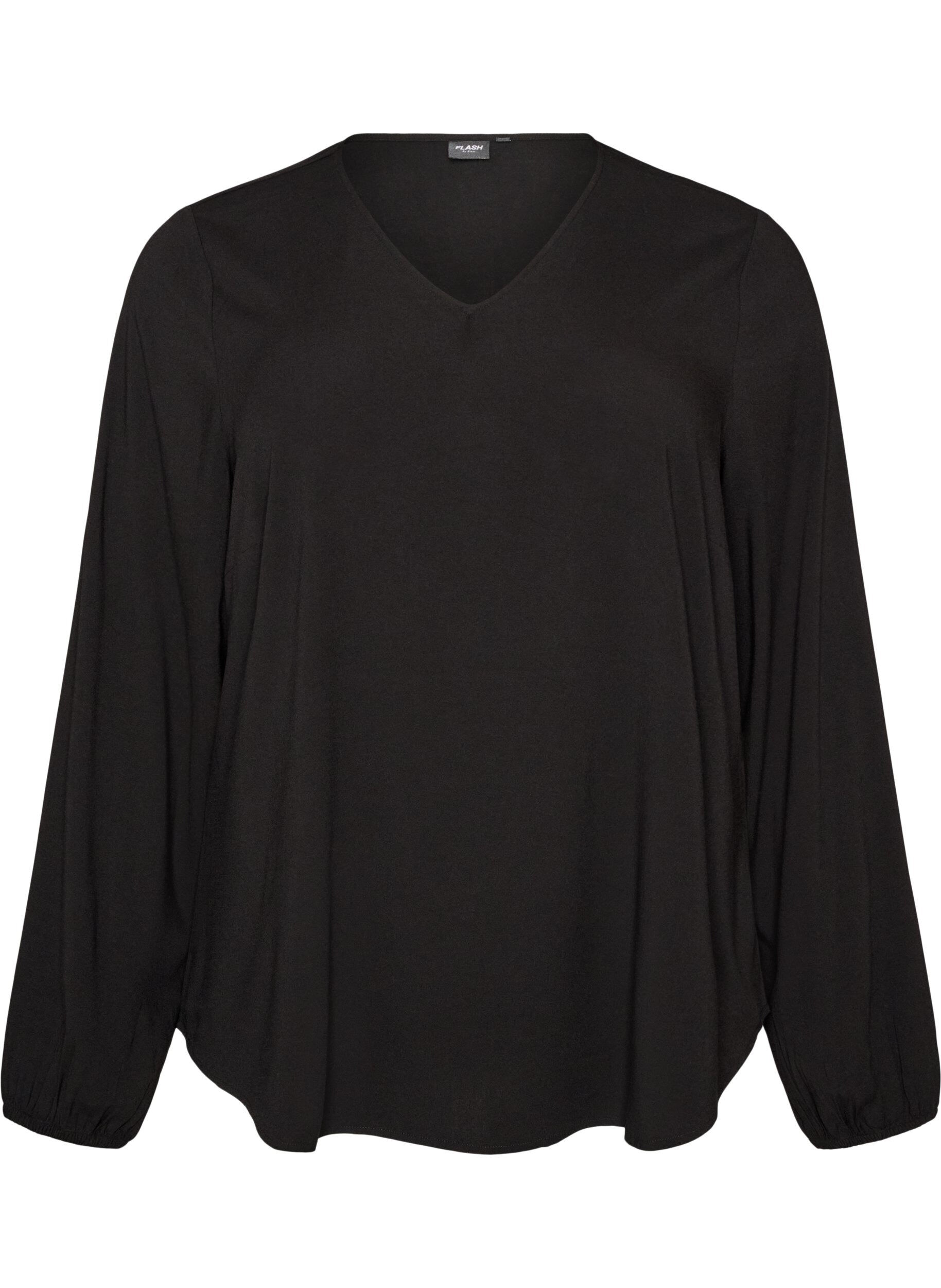 ZizziBlouse en viscose avec col en V et manches longues, Noir, Packshot image number 0