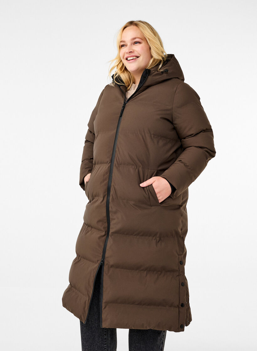 Manteau d'hiver long et matelassé avec capuche, Marron, Model image number 0