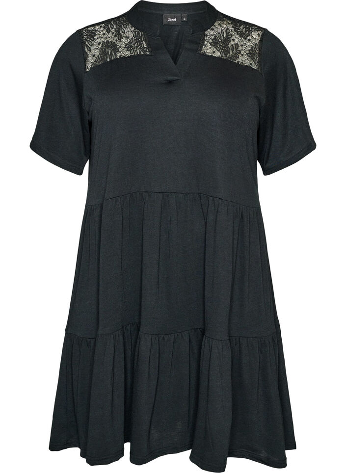 Robe en jersey avec d&eacute;tails en dentelle et jupe superpos&eacute;e, Noir, Packshot image number 0
