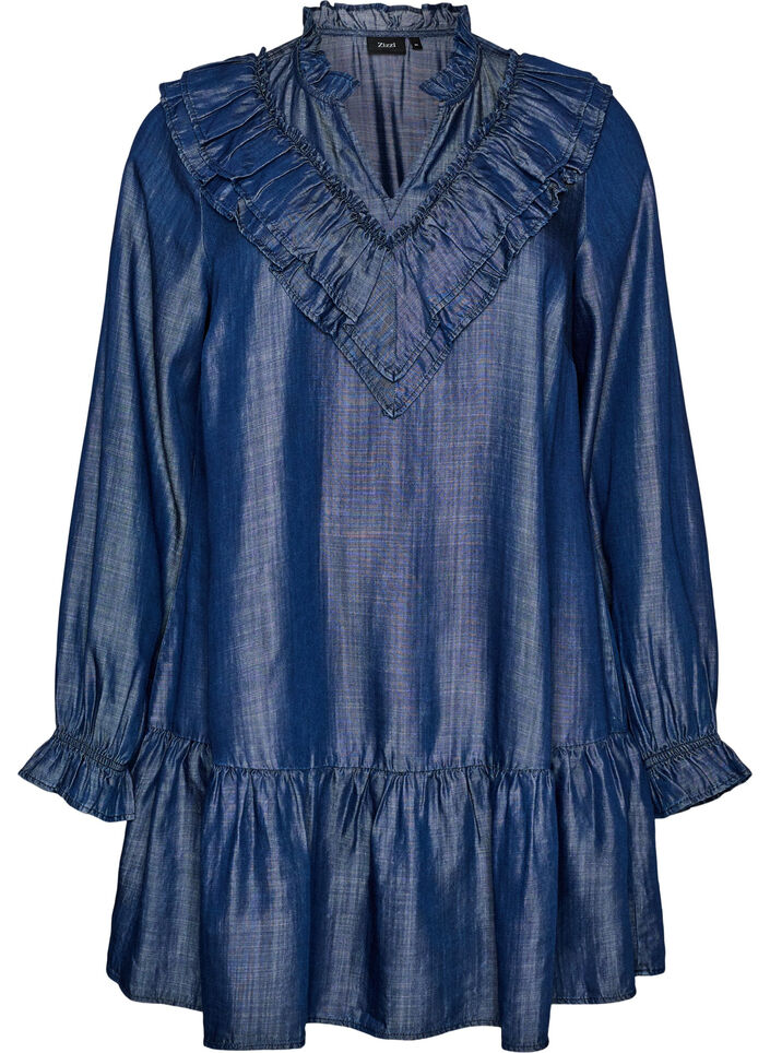 Robe courte effet denim &agrave; volants, Bleu, Packshot image number 0