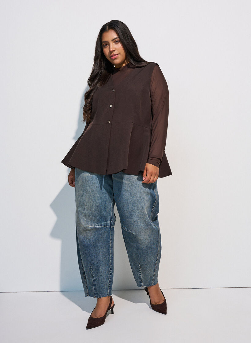 Gilet &agrave; fines rayures avec basque, Marron, Model image number 1
