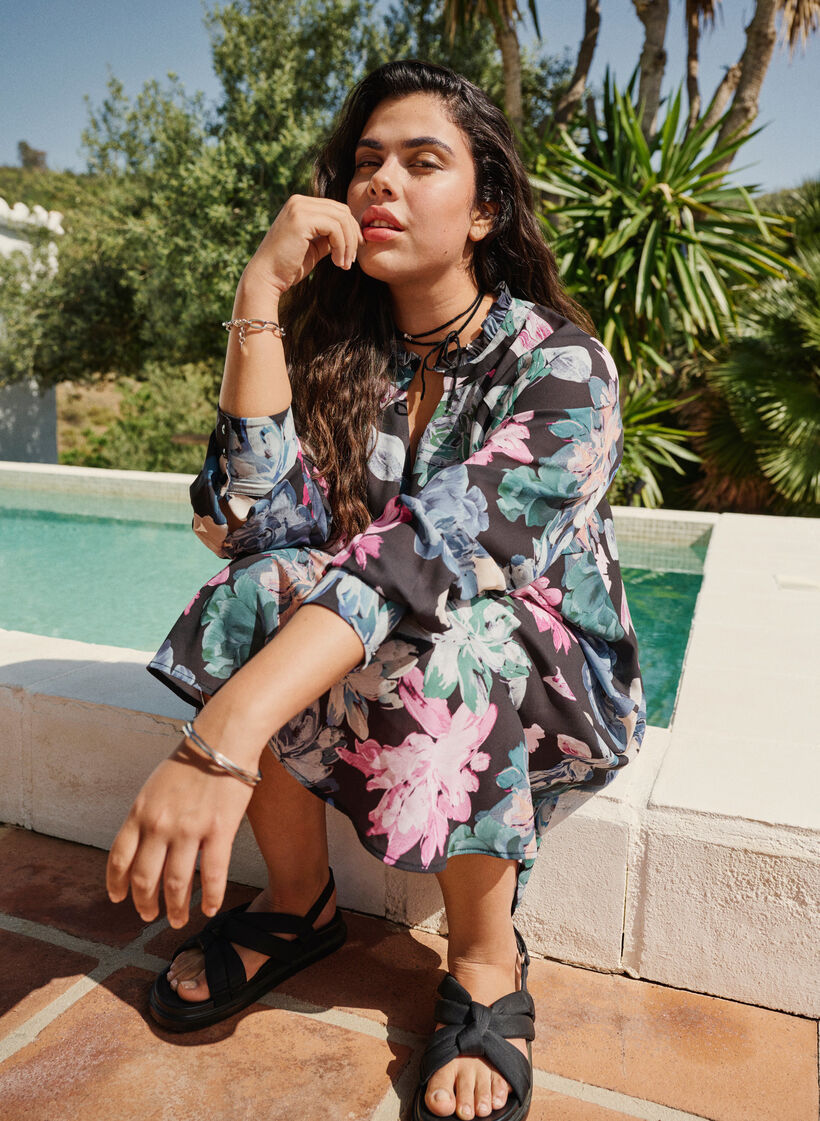 Robe à manches longues avec imprimé floral, Rose Flower AOP, Image image number 0