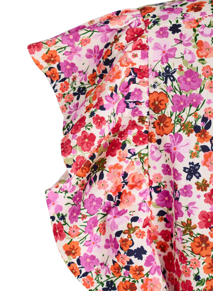 Robe fleurie en coton avec volants et col en V, Rose, Packshot image number 3