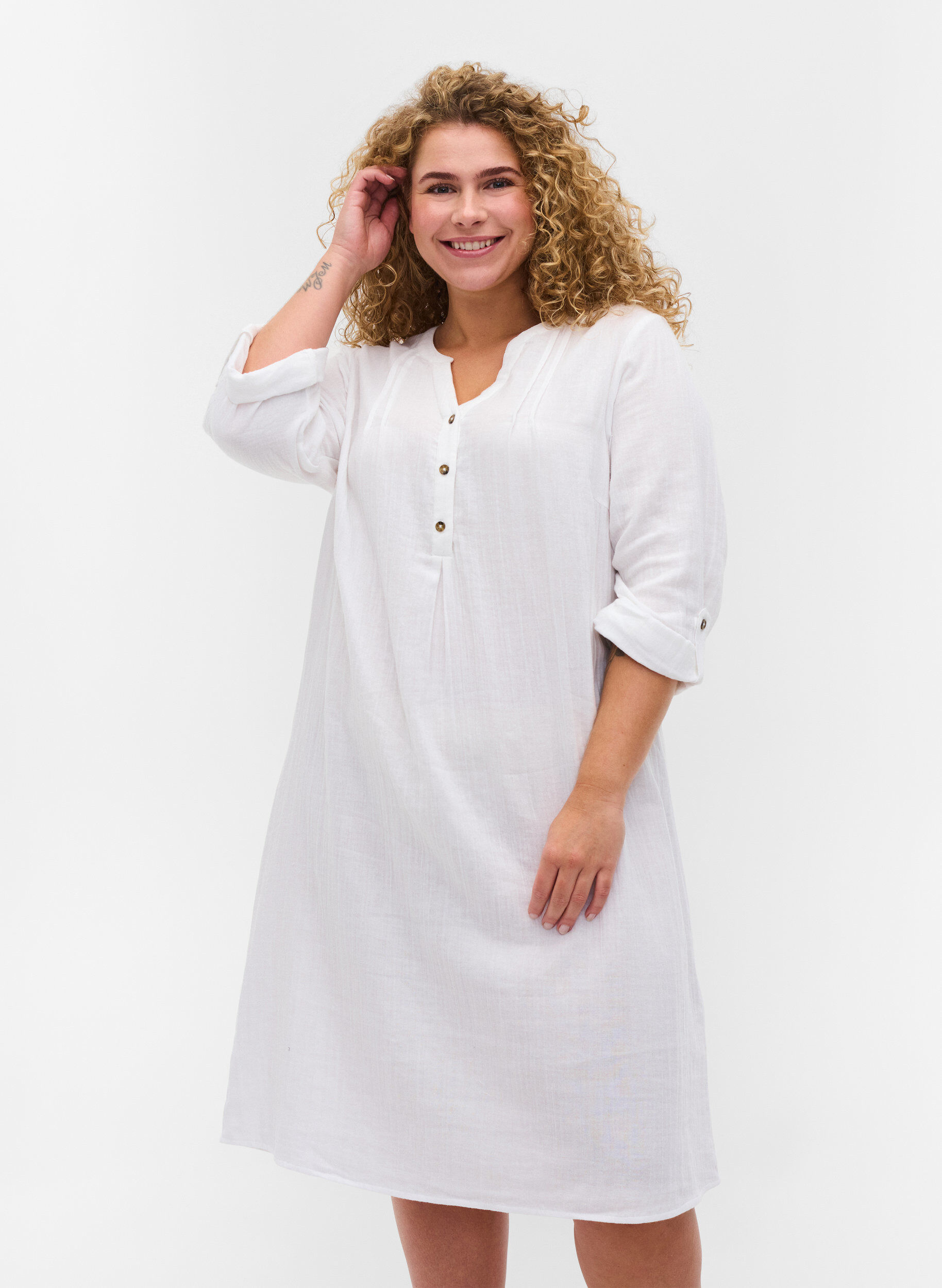 Zizzi Robe en coton &agrave; manches 3/4, Bright White, Model image number 0