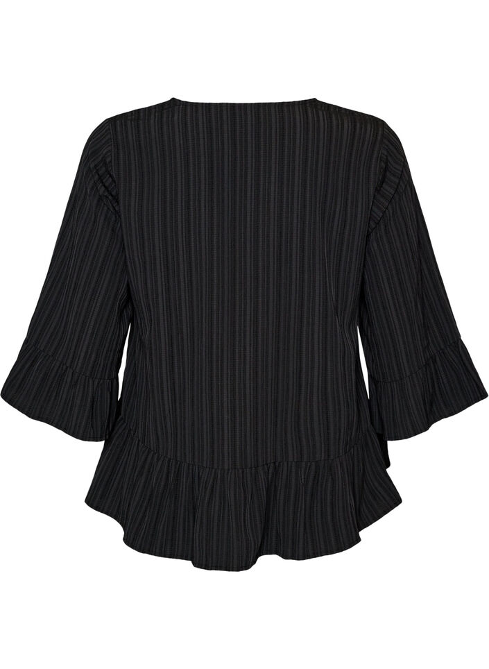 Blouse textur&eacute;e avec col V et volants, Noir, Packshot image number 1