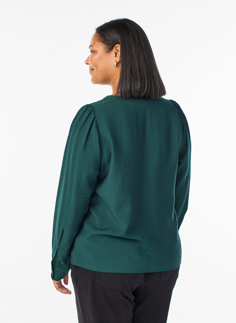 Blouse avec col en V et bandes brodées, Vert foncé, Model image number 2