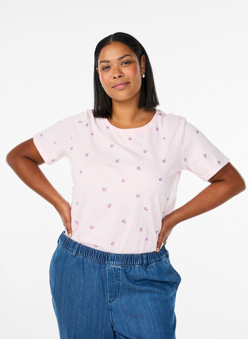 T-shirt en coton biologique avec motifs brod&eacute;s, Rose, Model image number 0