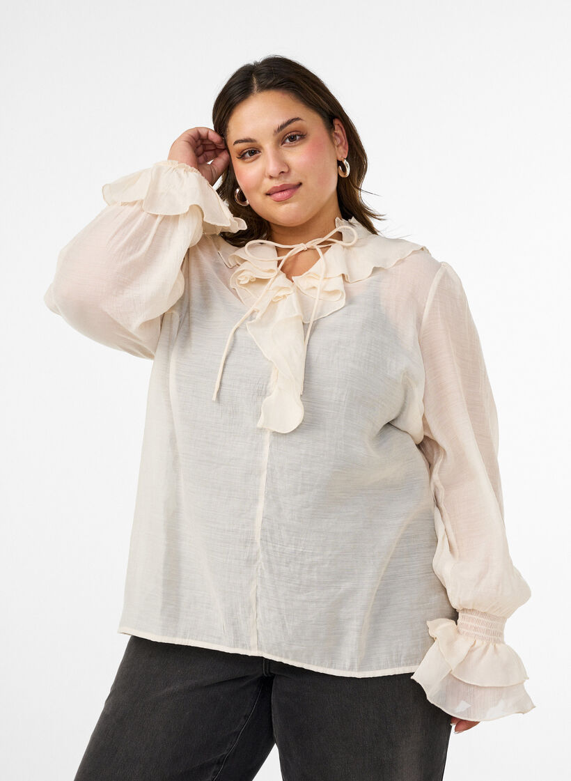 Blouse en viscose avec volants et manches longues, Vanille, Model image number 0