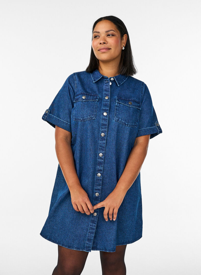 Robe en denim &agrave; manches courtes et boutons, Bleu, Model image number 0