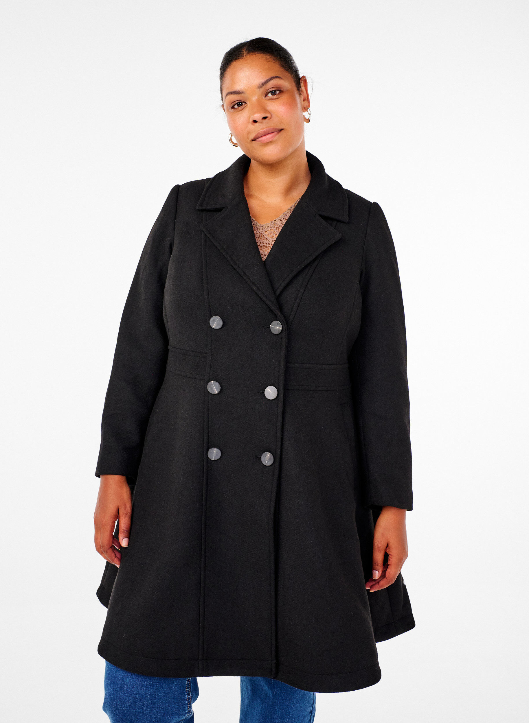 Manteau en laine coupe A avec poches, Noir, Model