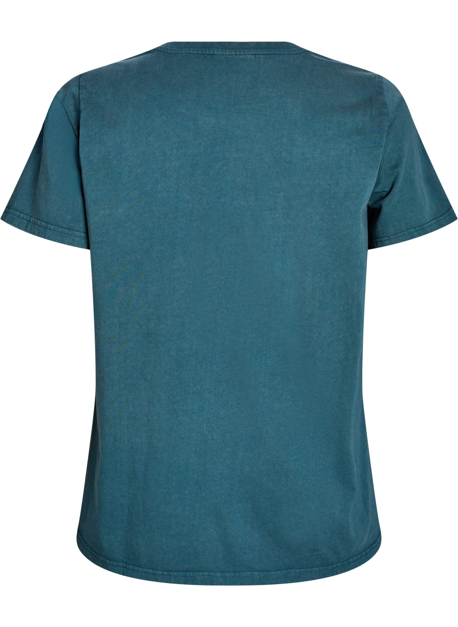 Zizzi T-shirt en coton bio avec un aspect d&eacute;lav&eacute;, Bleu p&eacute;trole, Packshot image number 1