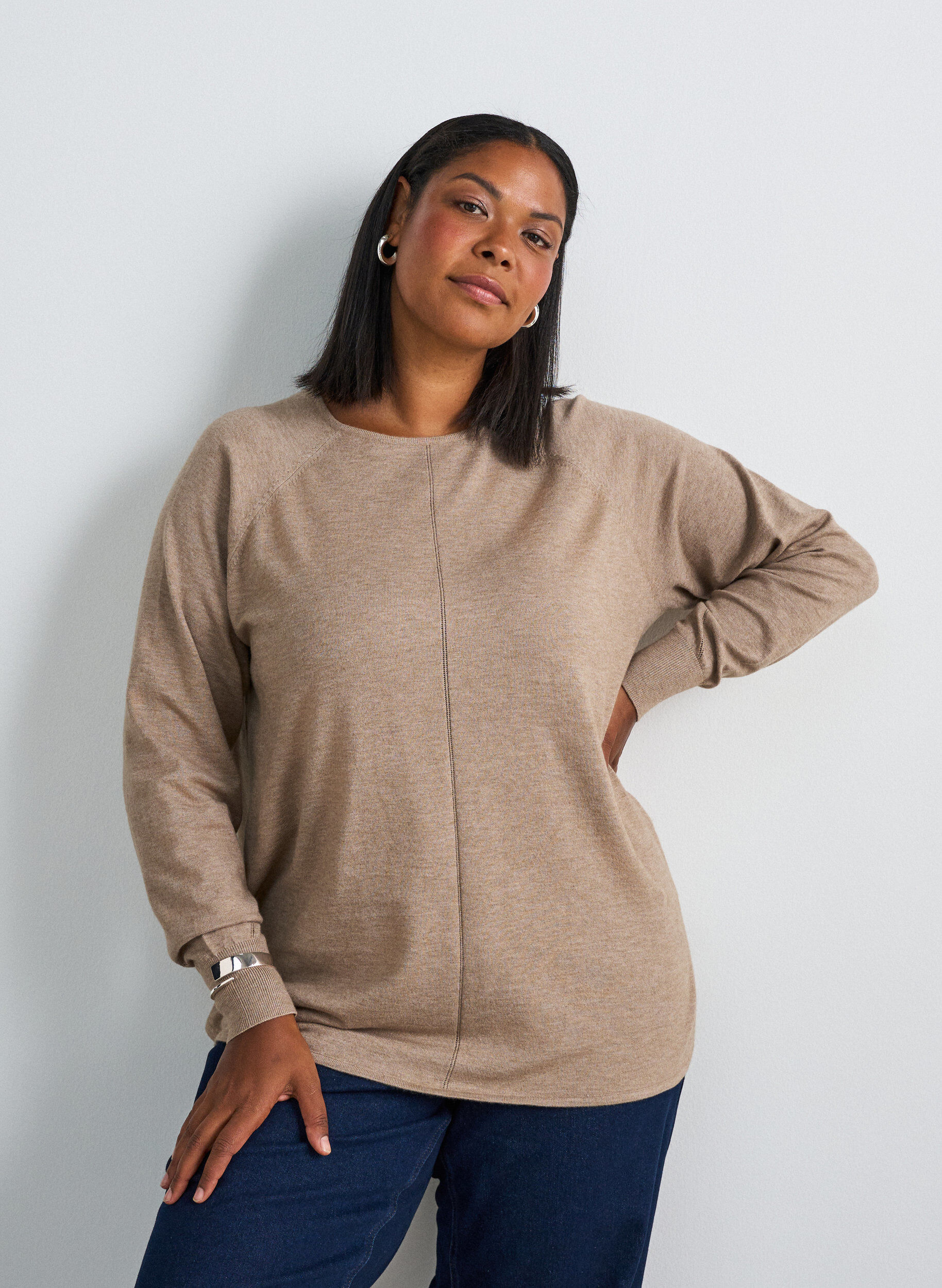 ZizziChemisier en tricot avec col rond et motif tricot, Beige, Model image number 0