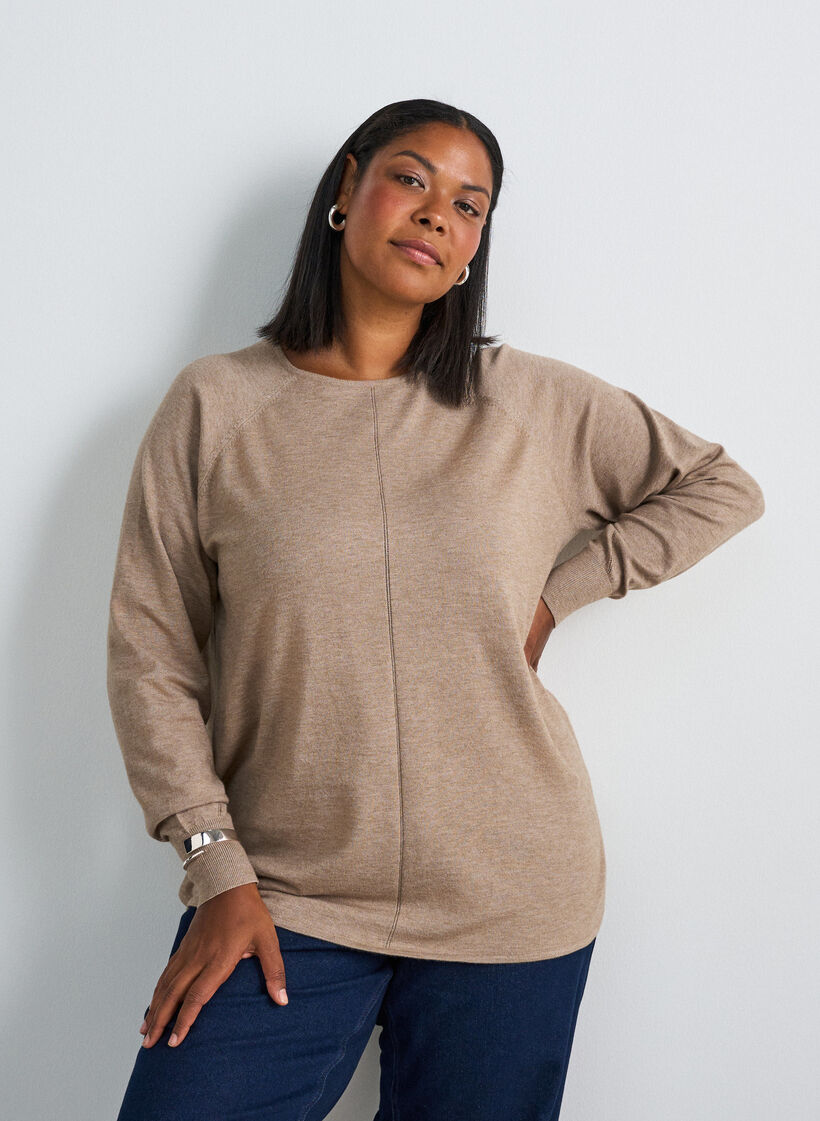 Chemisier en tricot avec col rond et motif tricot, Beige, Model image number 0
