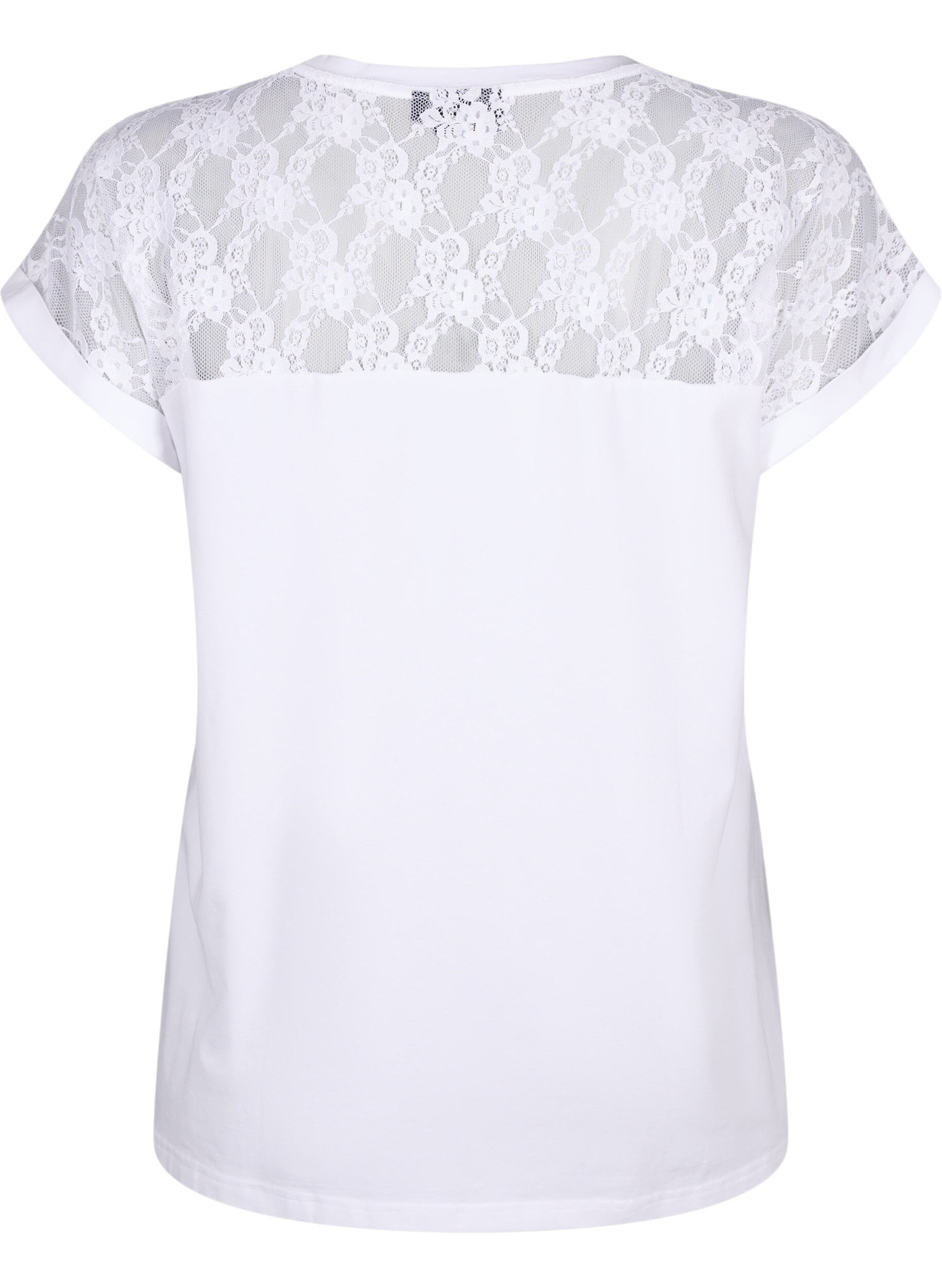 Zizzi T-shirt en coton &agrave; manches courtes avec dentelle, Bright White, Packshot image number 1