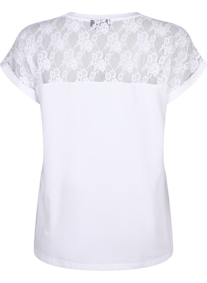 T-shirt en coton à manches courtes avec dentelle, Bright White, Packshot image number 1