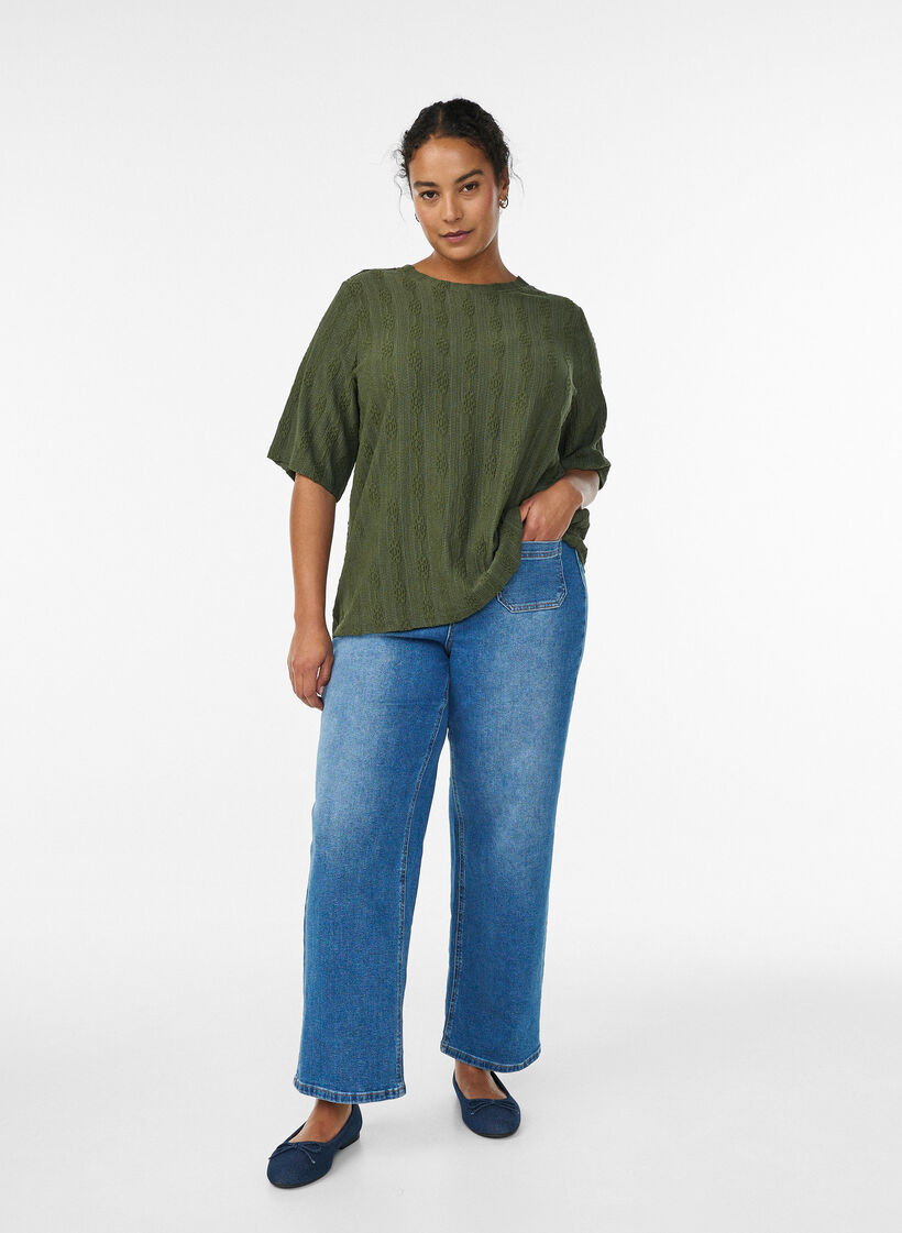 Blouse &agrave; motif textur&eacute; et manches courtes, Vert, Model image number 1