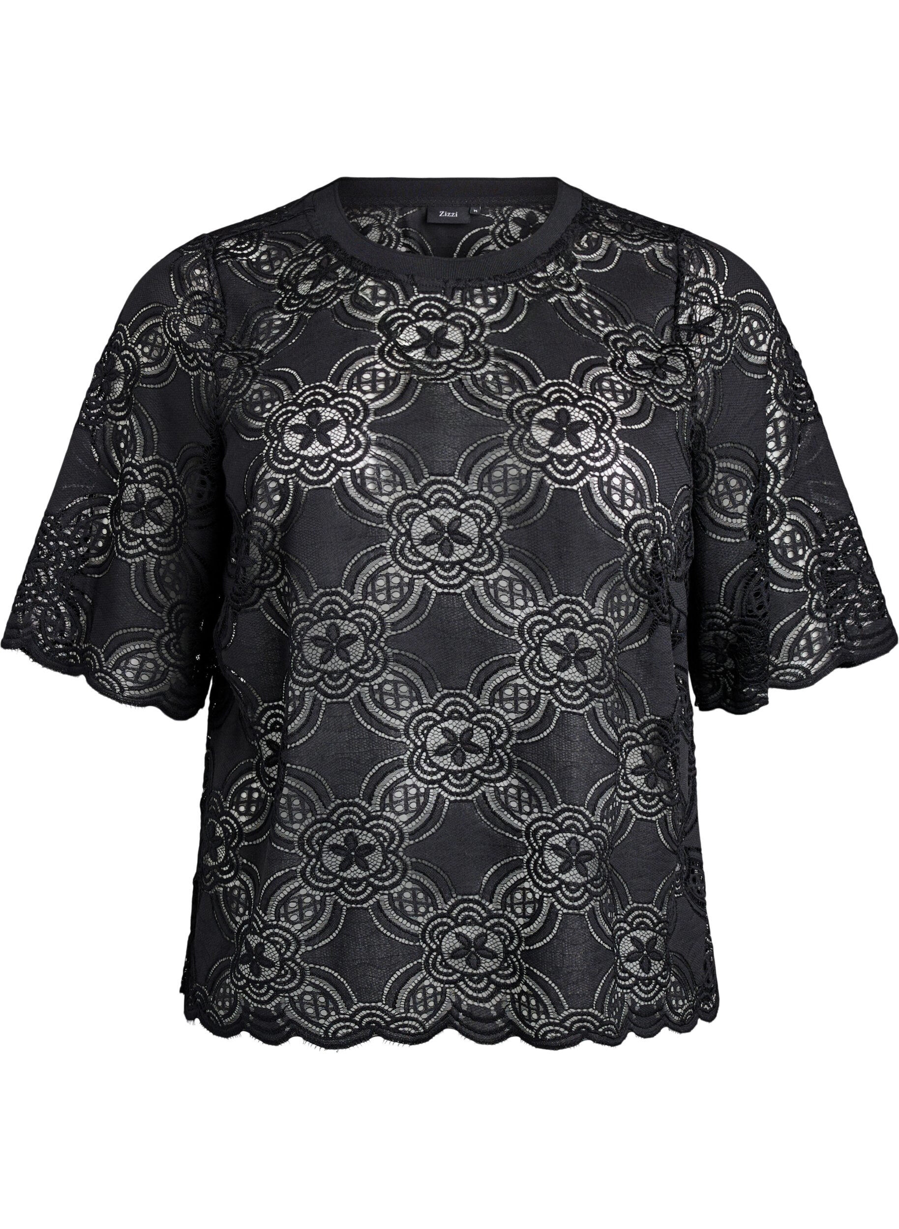 Zizzi Blouse en dentelle avec un motif graphique et des manches 1/2, Noir, Packshot image number 0