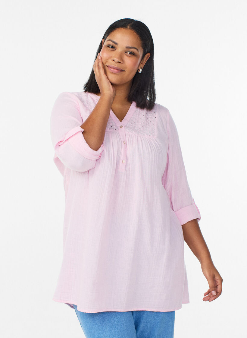 Tunique en mousseline de coton avec broderie anglaise, Rose, Model image number 0