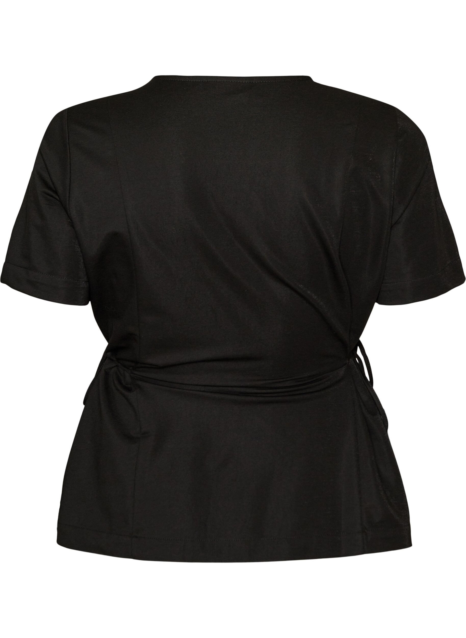 ZizziBlouse en m&eacute;lange de coton avec un col en V et un lien &agrave; nouer, Noir, Packshot image number 1