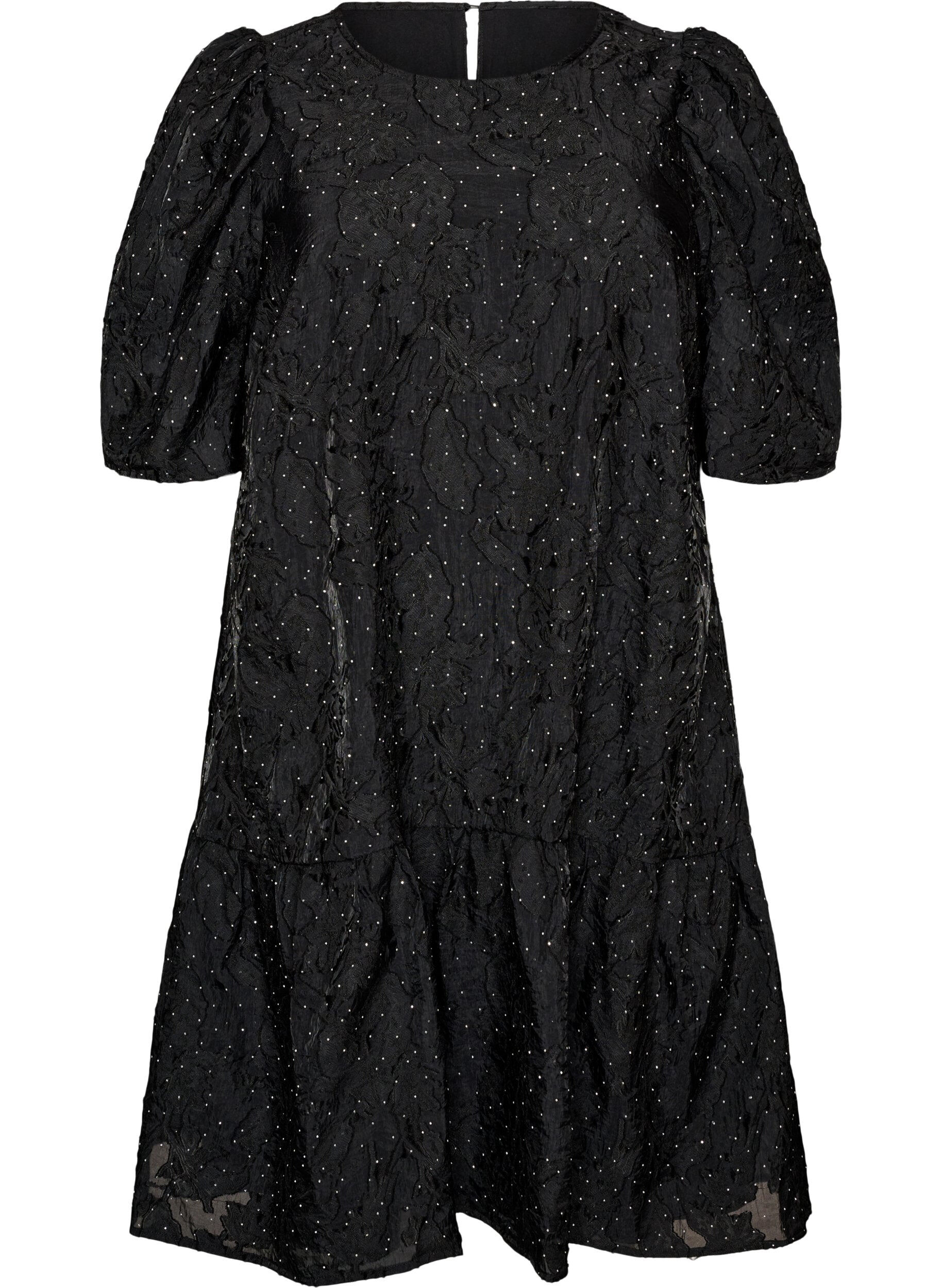 ZizziRobe jacquard avec des d&eacute;tails scintillants et des manches bouffantes, Noir, Packshot image number 0