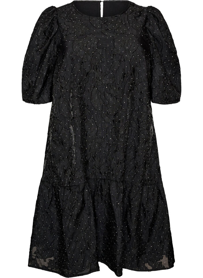 Robe jacquard avec des d&eacute;tails scintillants et des manches bouffantes, Noir, Packshot image number 0