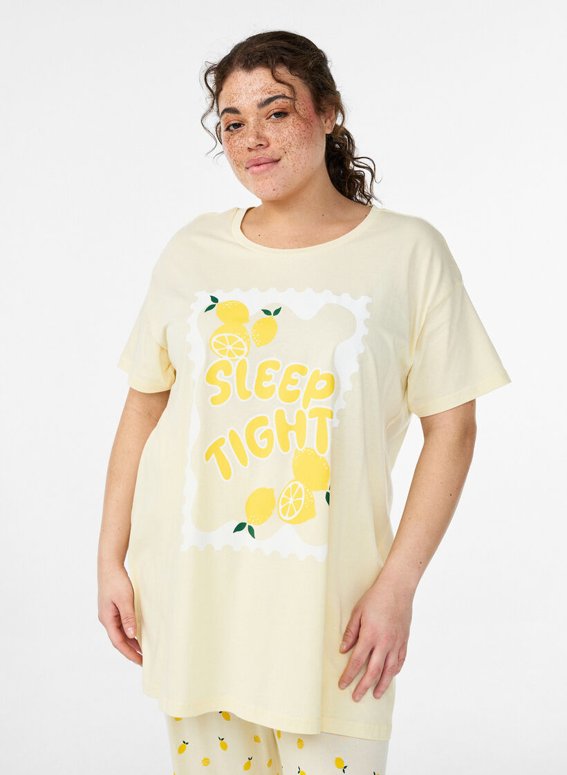 T-shirt de nuit long en coton bio avec imprim&eacute;, Jaune clair, Model image number 0