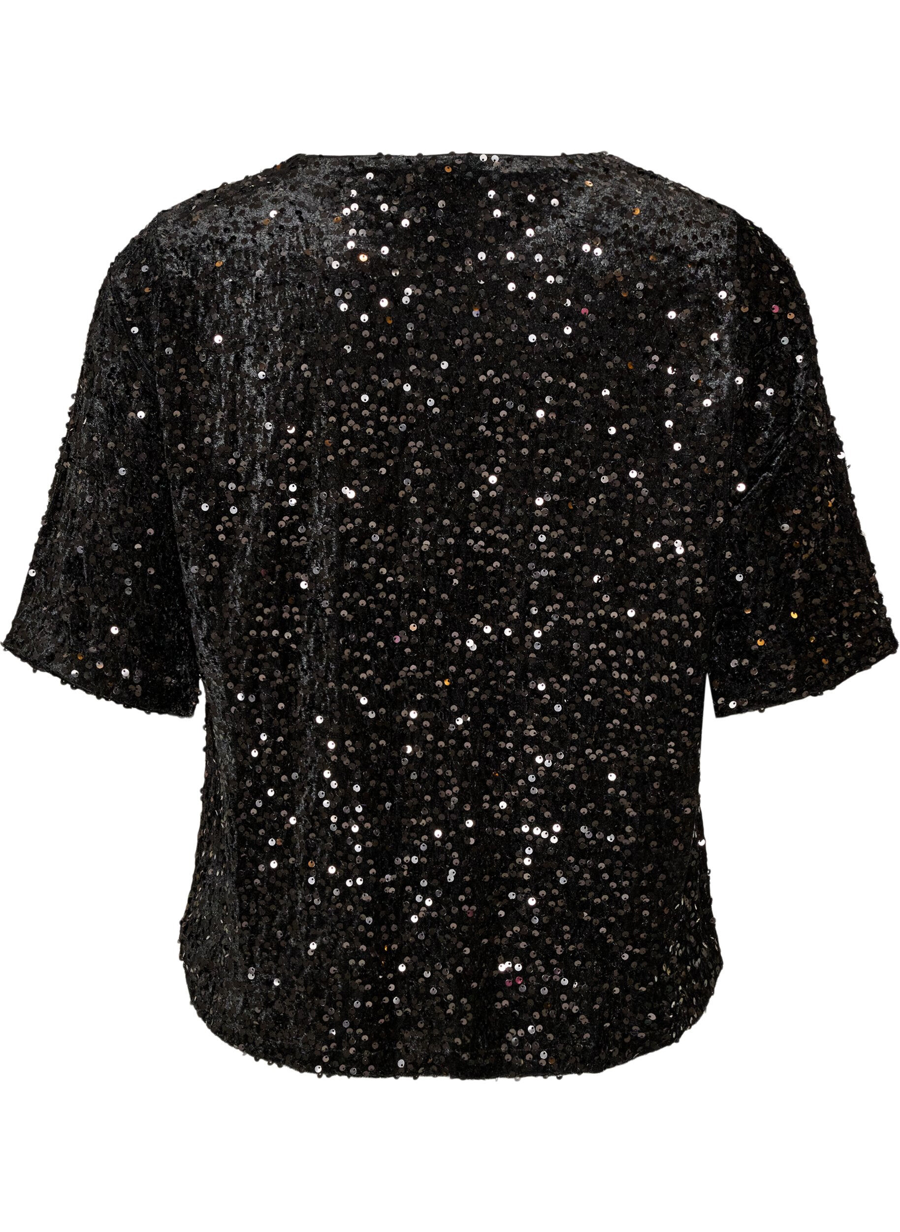ZizziBlouse en sequins avec manches au coude, Noir, Packshot image number 1