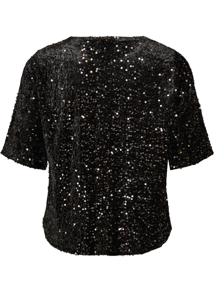 Blouse en sequins avec manches au coude, Noir, Packshot image number 1