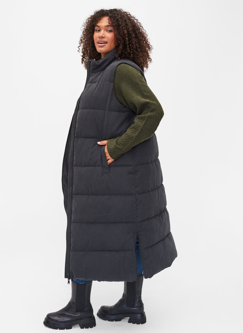 Veste longue avec col montant et poches, Black, Model image number 1