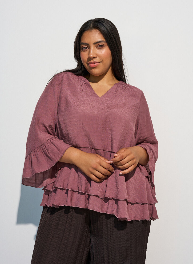 Blouse &agrave; manches 3/4 et volants, Rose, Model image number 0