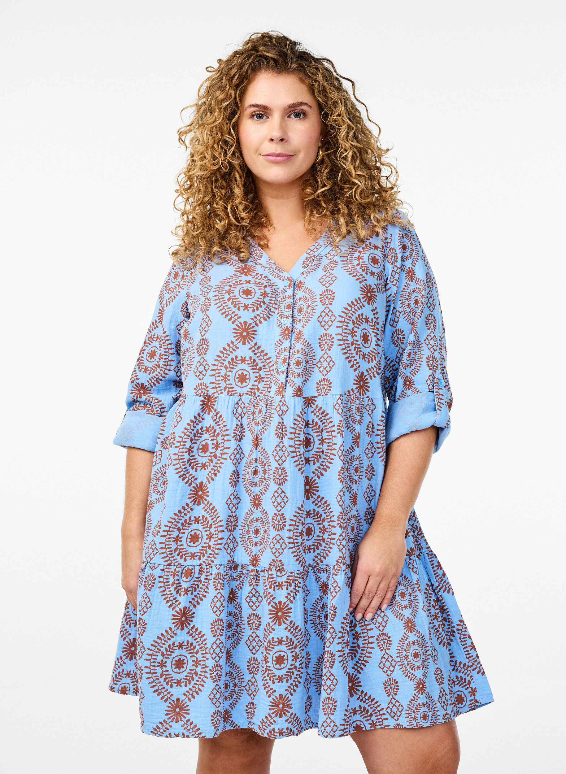 Robe courte en mousseline de coton &agrave; motif, Bleu Clair, Model