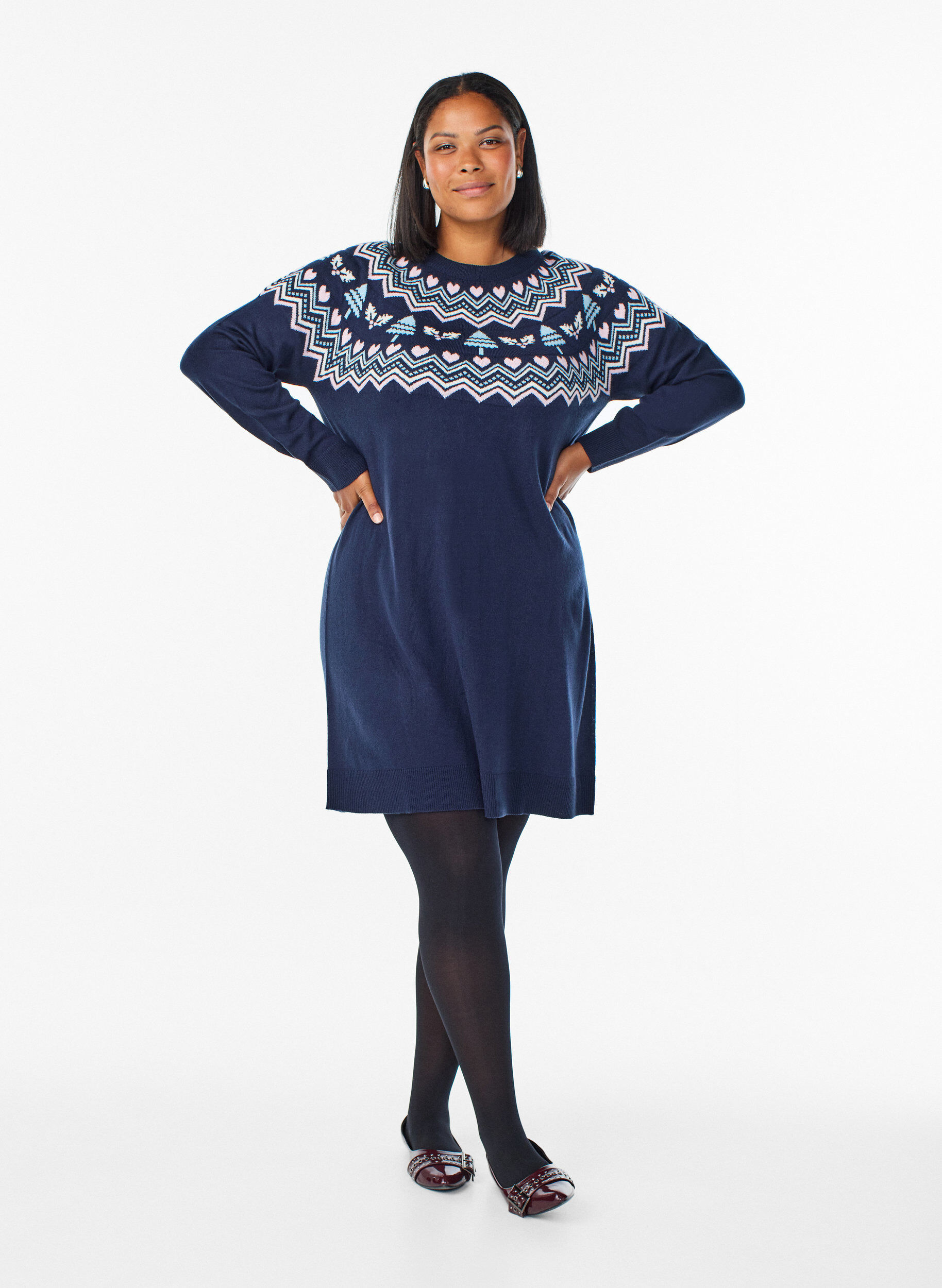 Zizzi Robe courte en maille jacquard avec motifs de No&euml;l, Bleu, Model image number 1