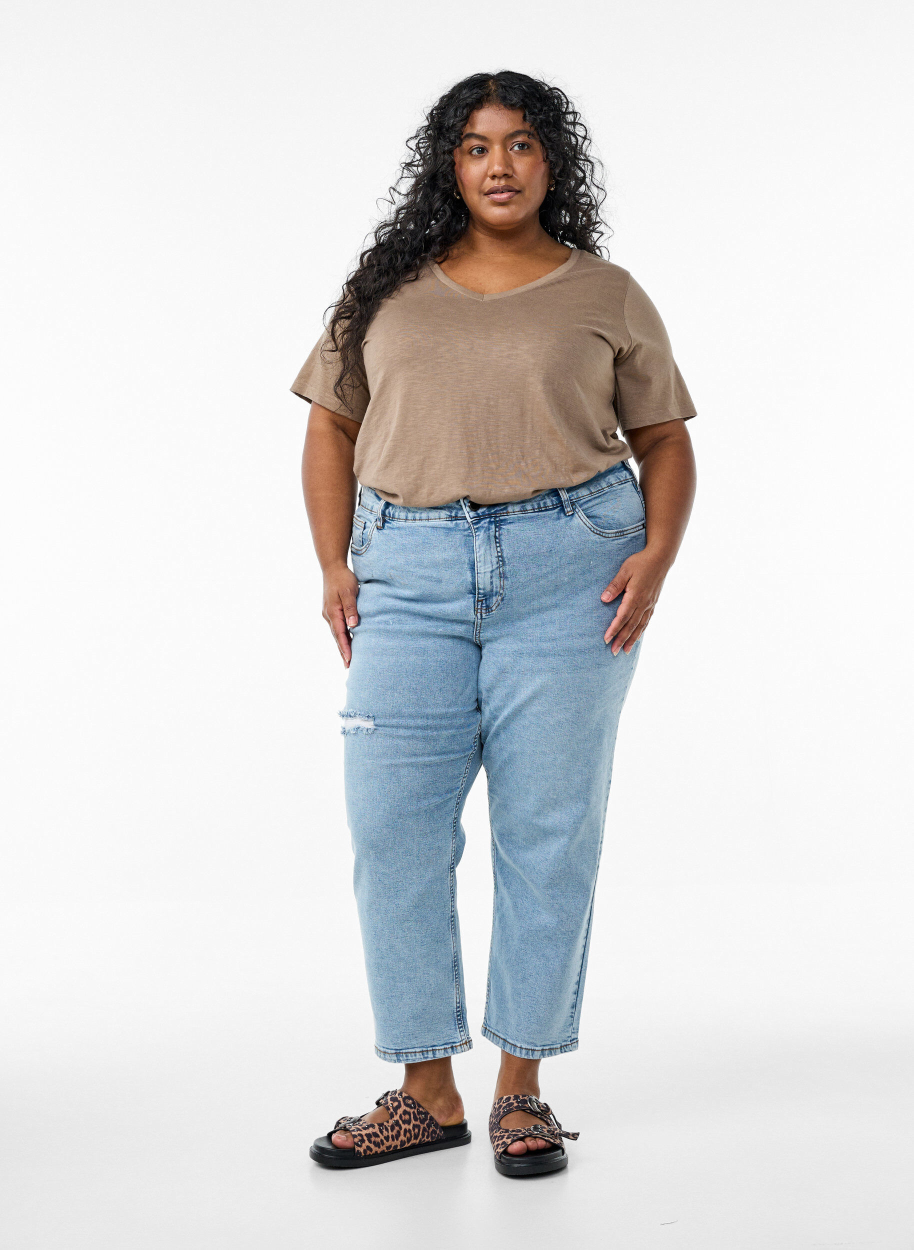 Zizzi T-shirt basique &agrave; manches courtes avec col en V, Marron, Model image number 1